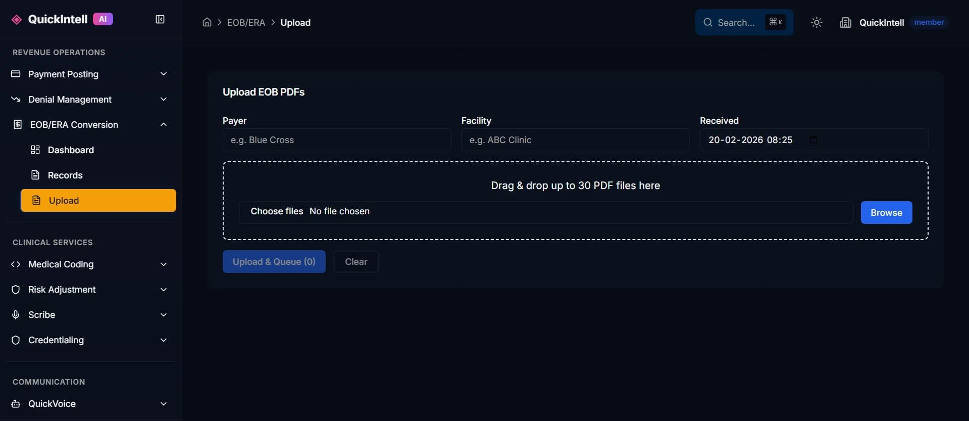 QuickIntell EOB upload workspace used to discuss remittance conversion requirements