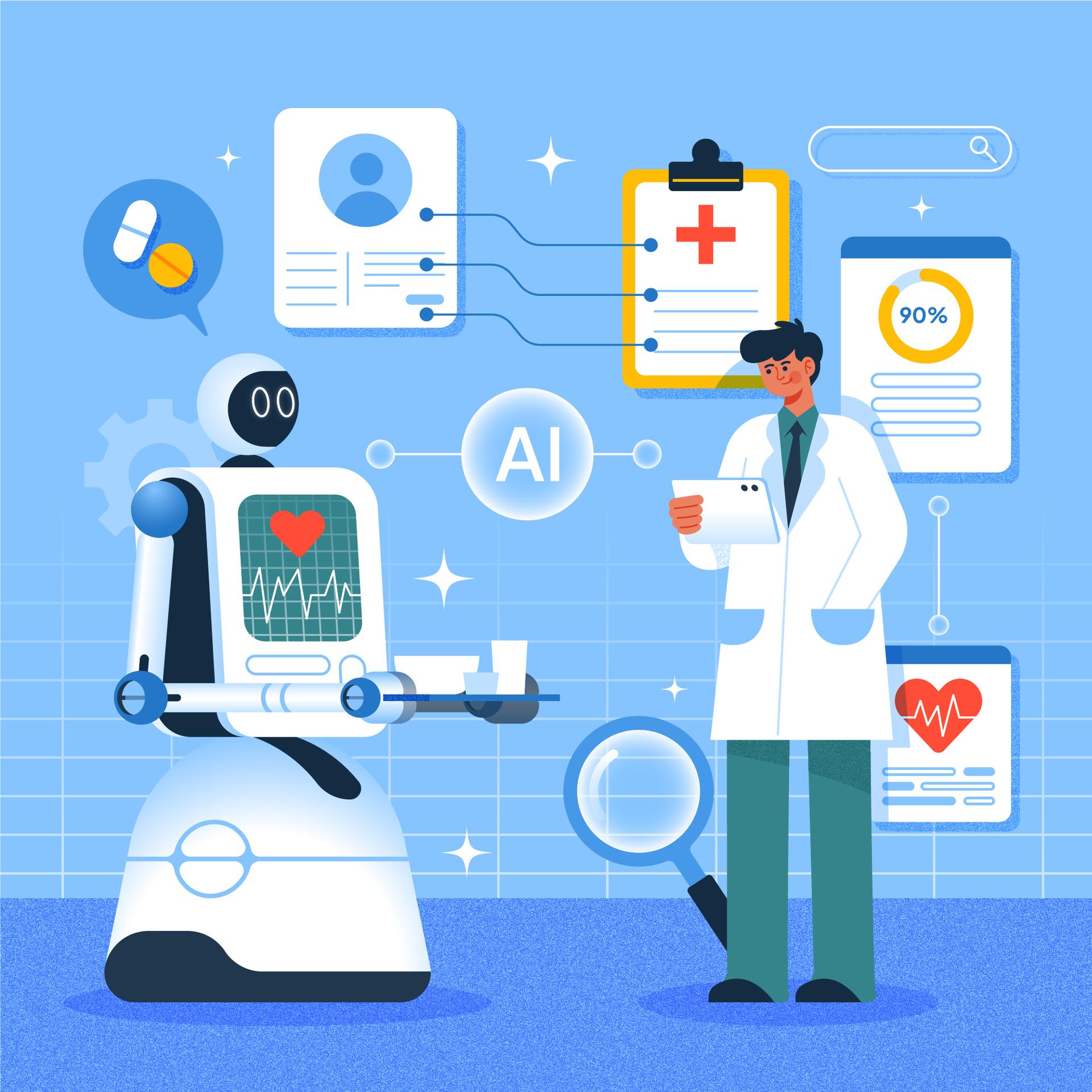 Hand-drawn AI workflow illustration with connected healthcare and data icons