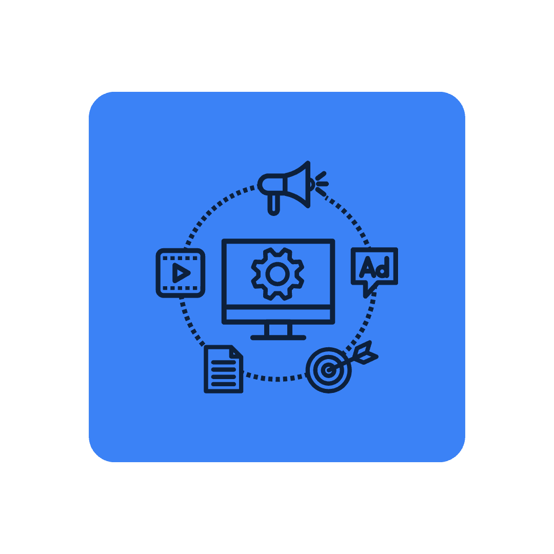Line illustration of a monitor with a gear surrounded by media, ad, document, target, and megaphone icons