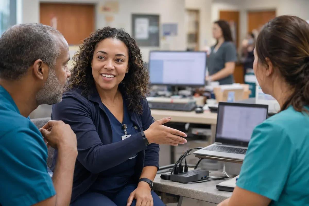 Clinician and informatics specialists collaborating at a normal workstation
