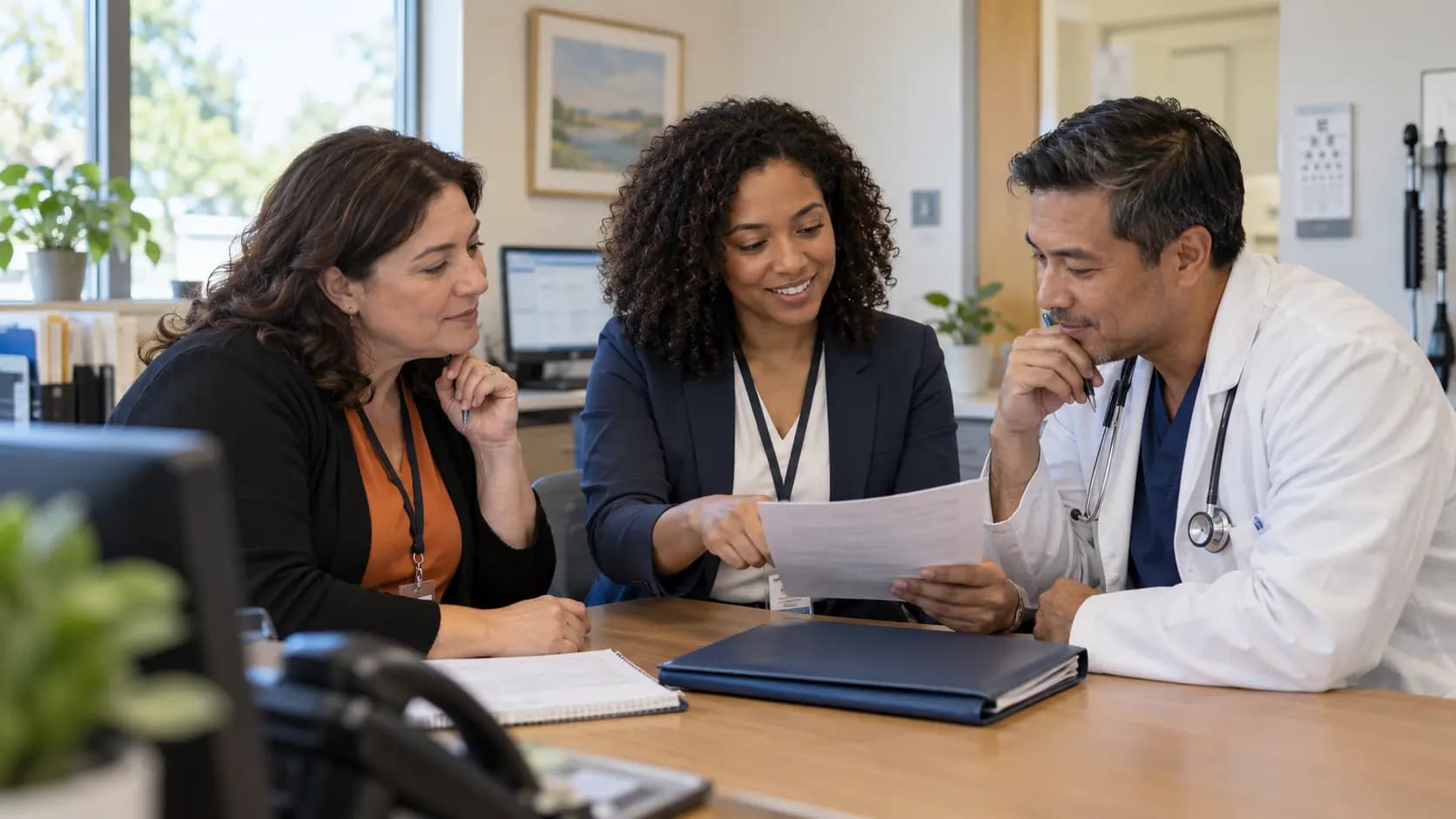 Practice manager and clinician reviewing payer requirements with a specialist