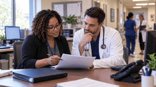 Medical coder and clinician resolving a claim detail together