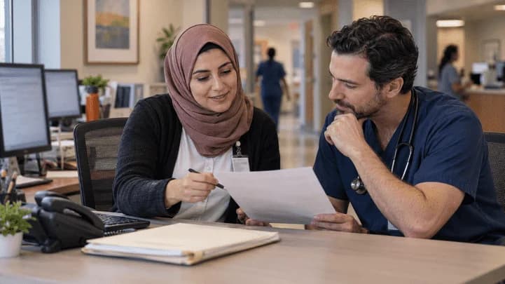 Medical coder and clinician resolving a claim detail together