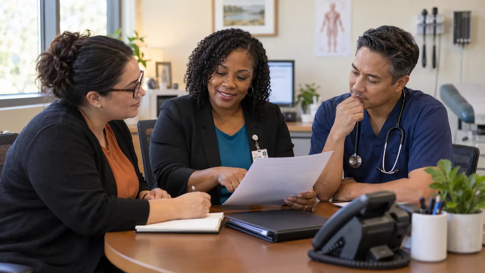 Practice manager and clinician reviewing payer requirements with a specialist