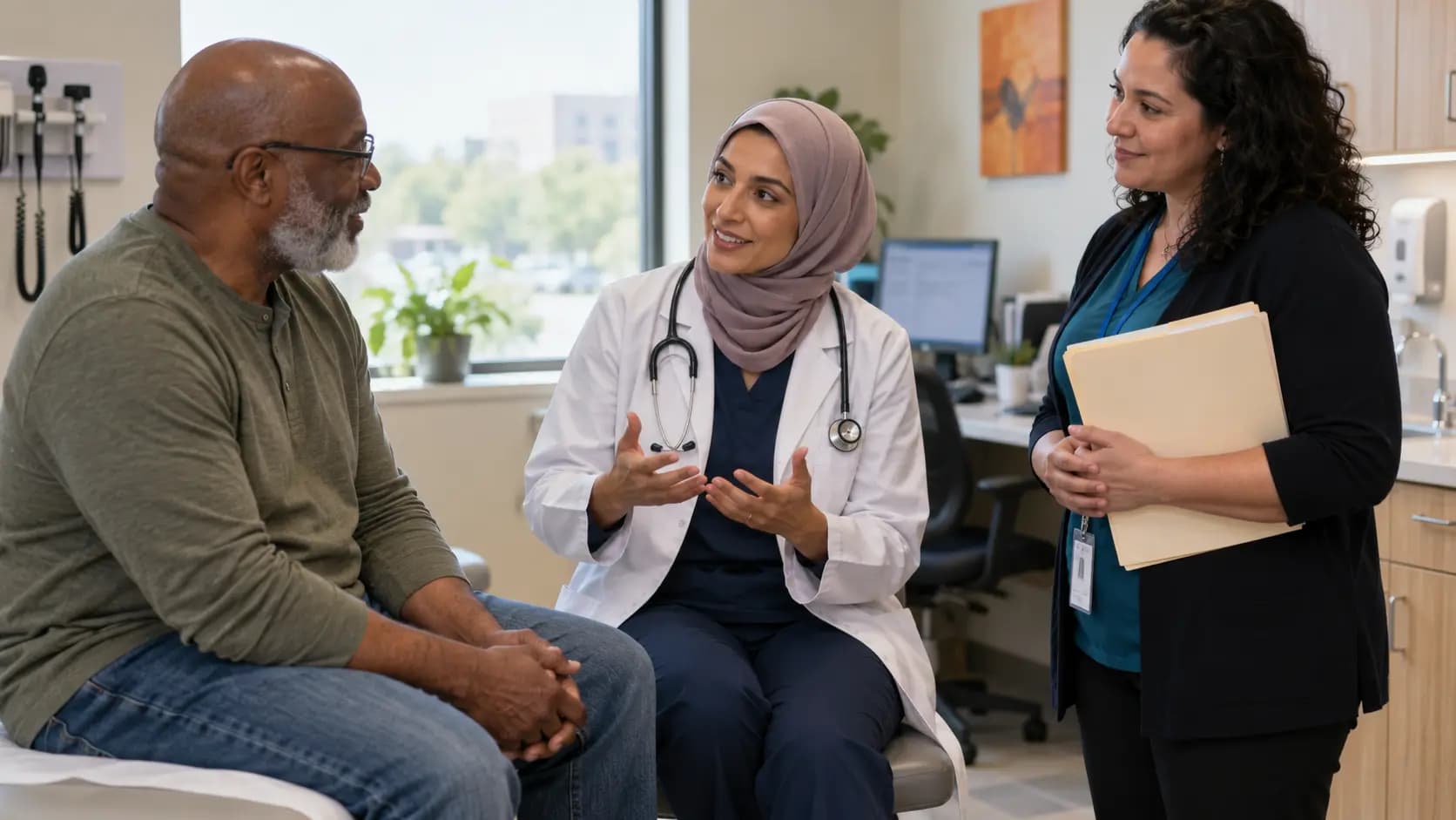 Clinician, patient, and healthcare colleague sharing a warm clinic interaction