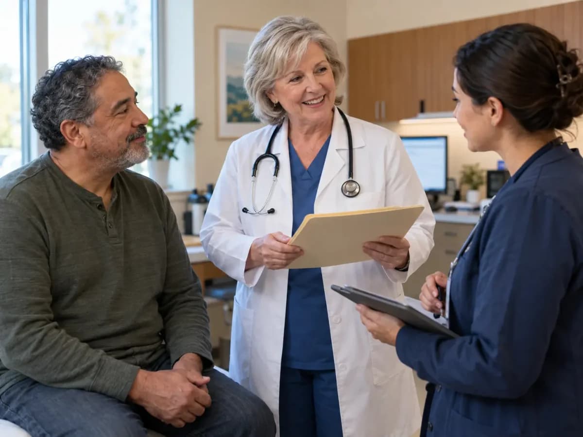 Clinician, patient, and healthcare colleague sharing a warm clinic interaction
