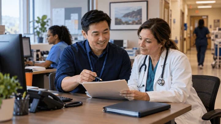 Medical coder and clinician resolving a claim detail together