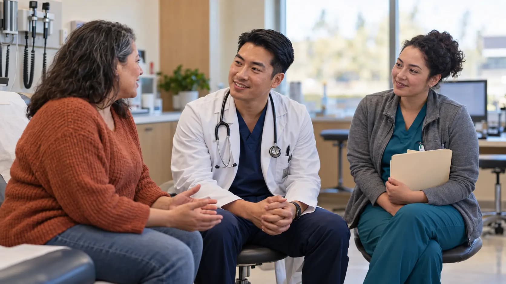 Clinician, patient, and healthcare colleague sharing a warm clinic interaction Clinician, patient, and healthcare colleague sharing a warm clinic interaction