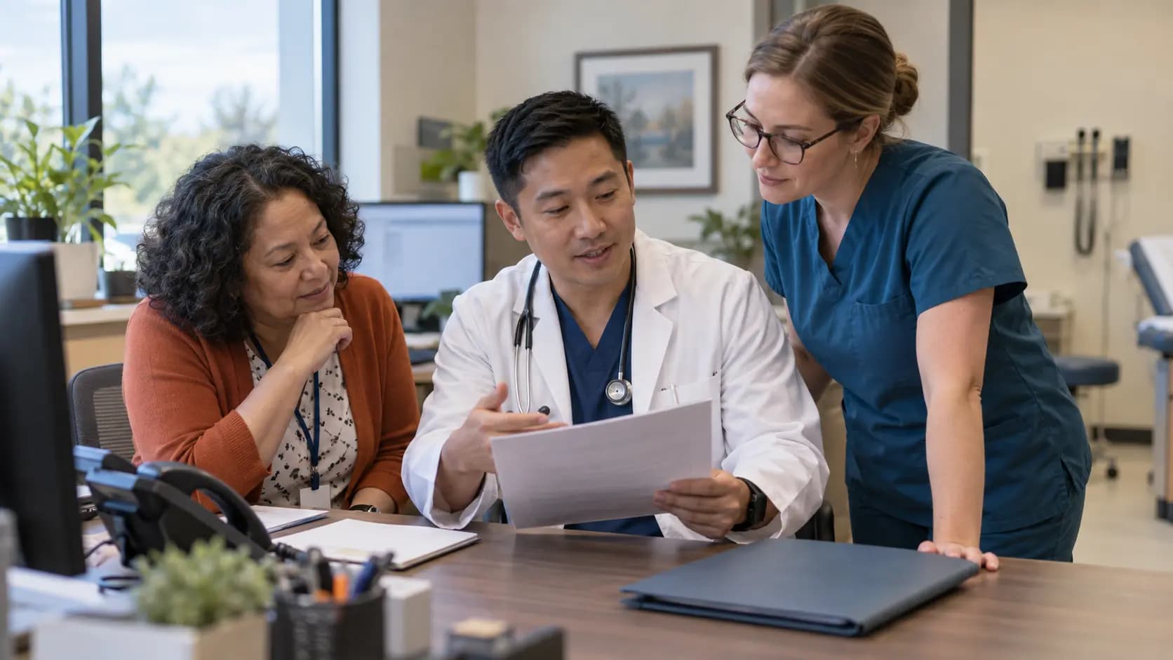 Practice manager and clinician reviewing payer requirements with a specialist