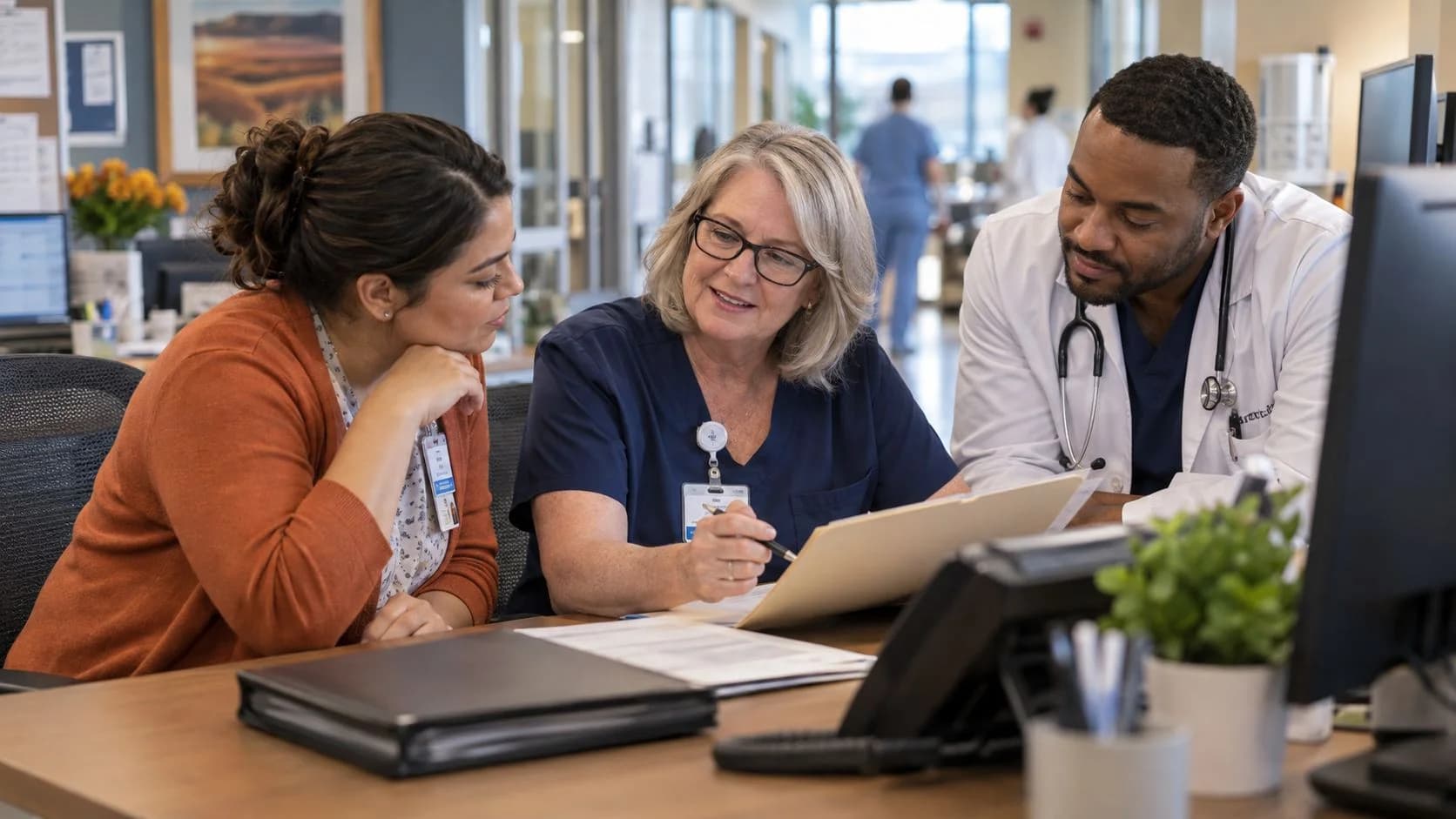 Patient-access coordinator and clinician resolving an authorization issue