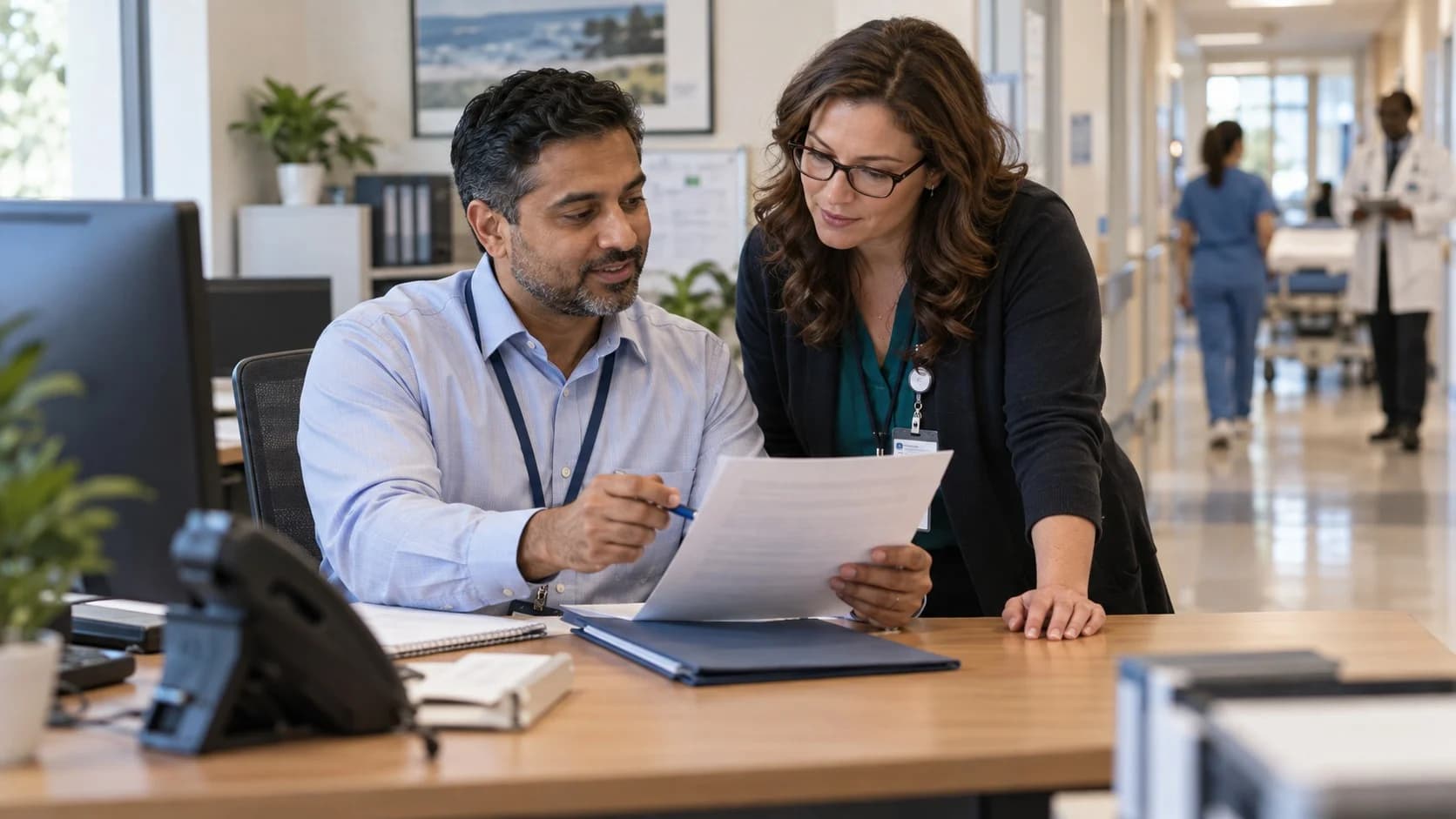 Reimbursement analyst and revenue manager reviewing a payment variance