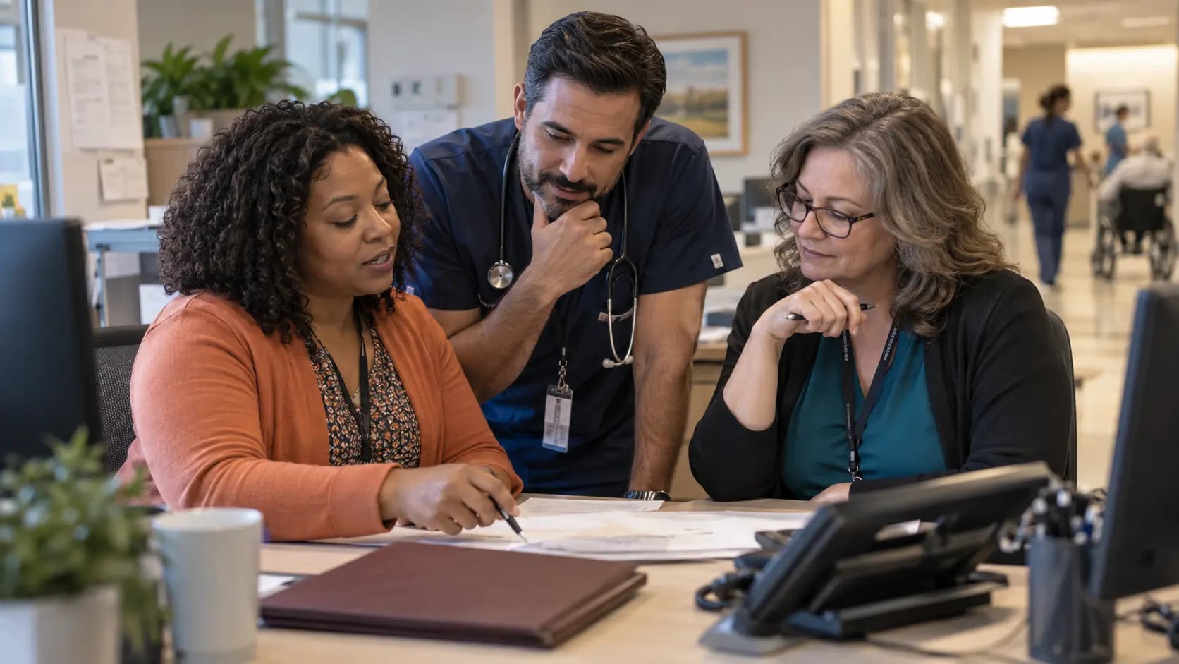 Practice manager and clinician reviewing payer requirements with a specialist