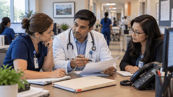 Physician advisor and utilization nurse reviewing documentation together