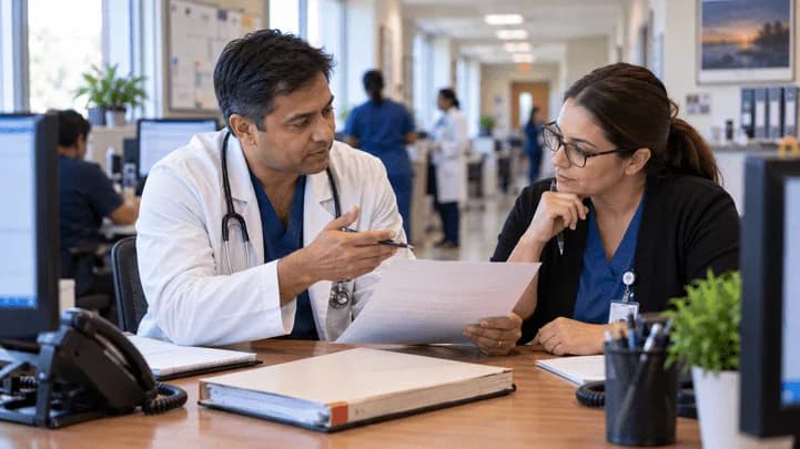 Medical coder and clinician resolving a claim detail together