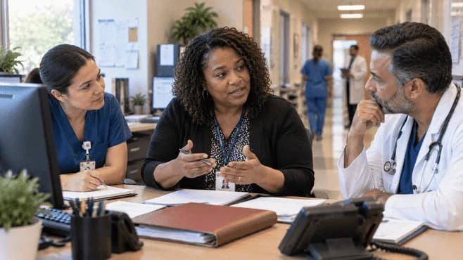 Patient-access coordinator and clinician resolving an authorization issue