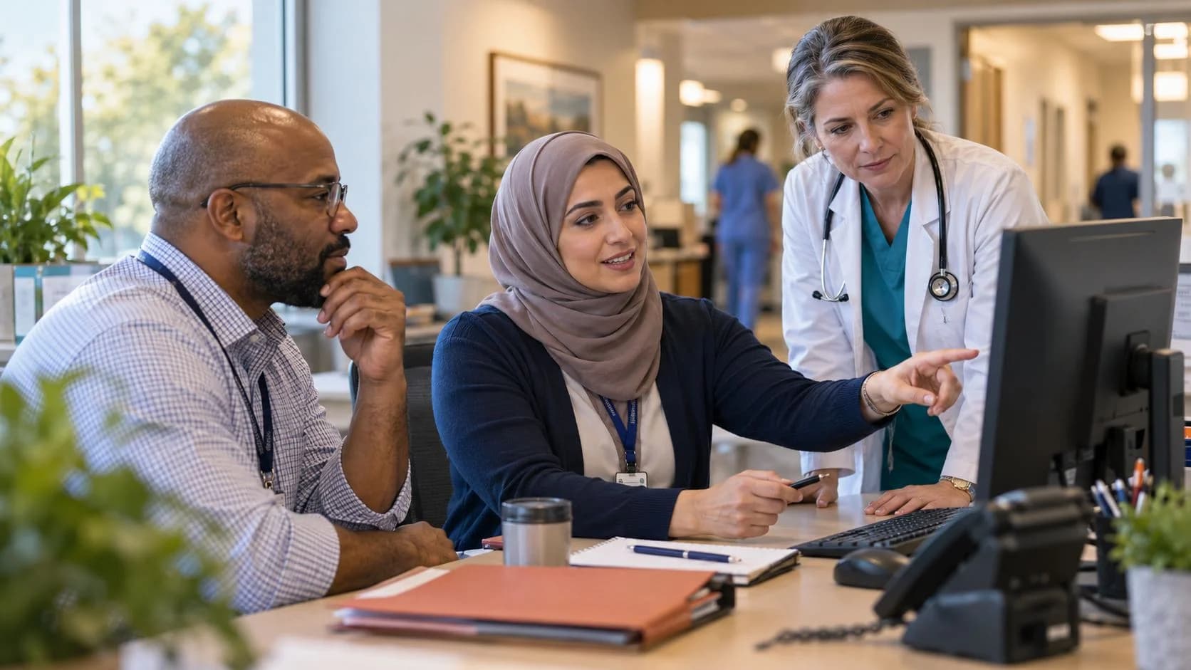 Denial-resolution specialist and clinician reviewing a claim together