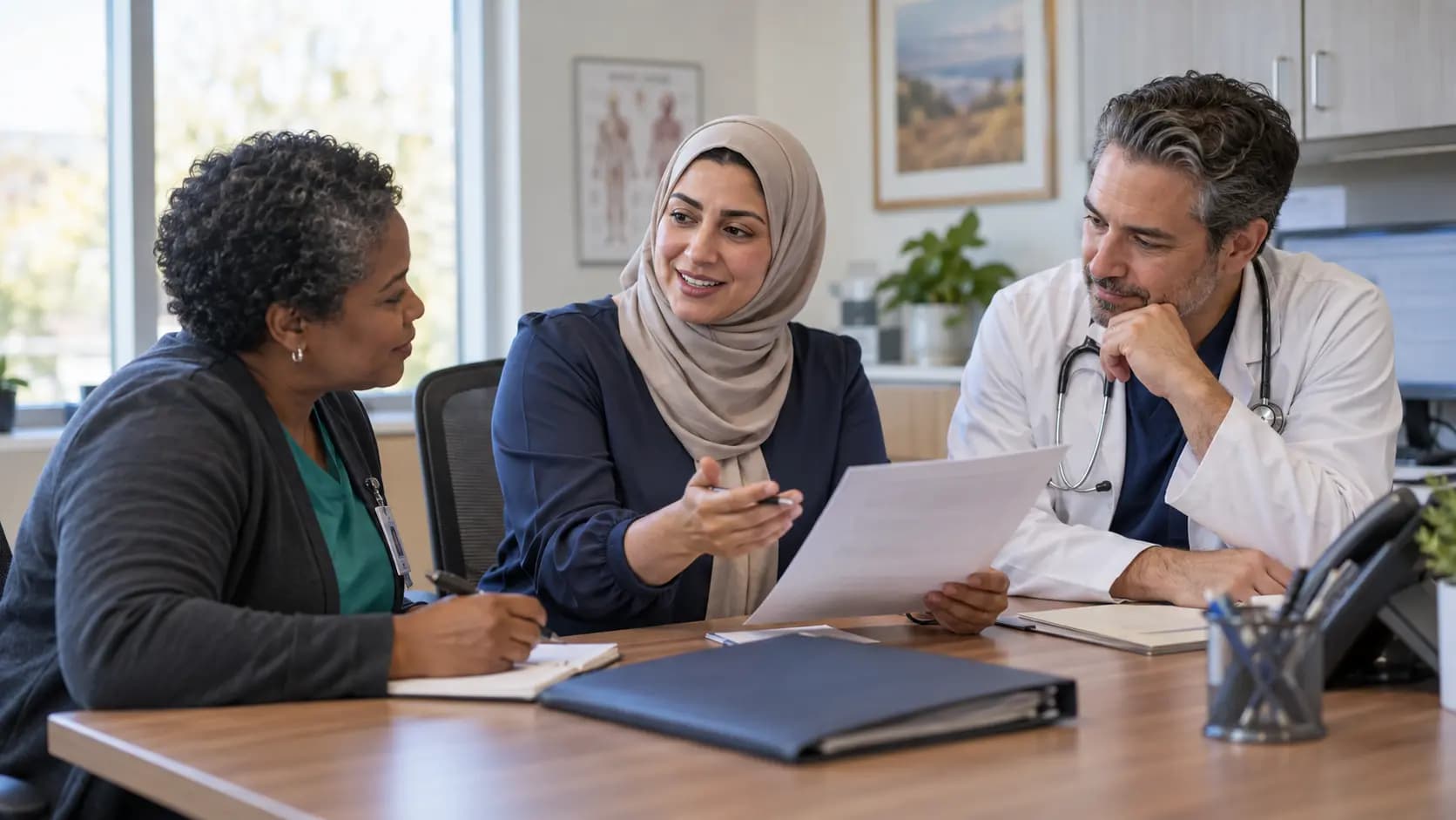 Practice manager and clinician reviewing payer requirements with a specialist