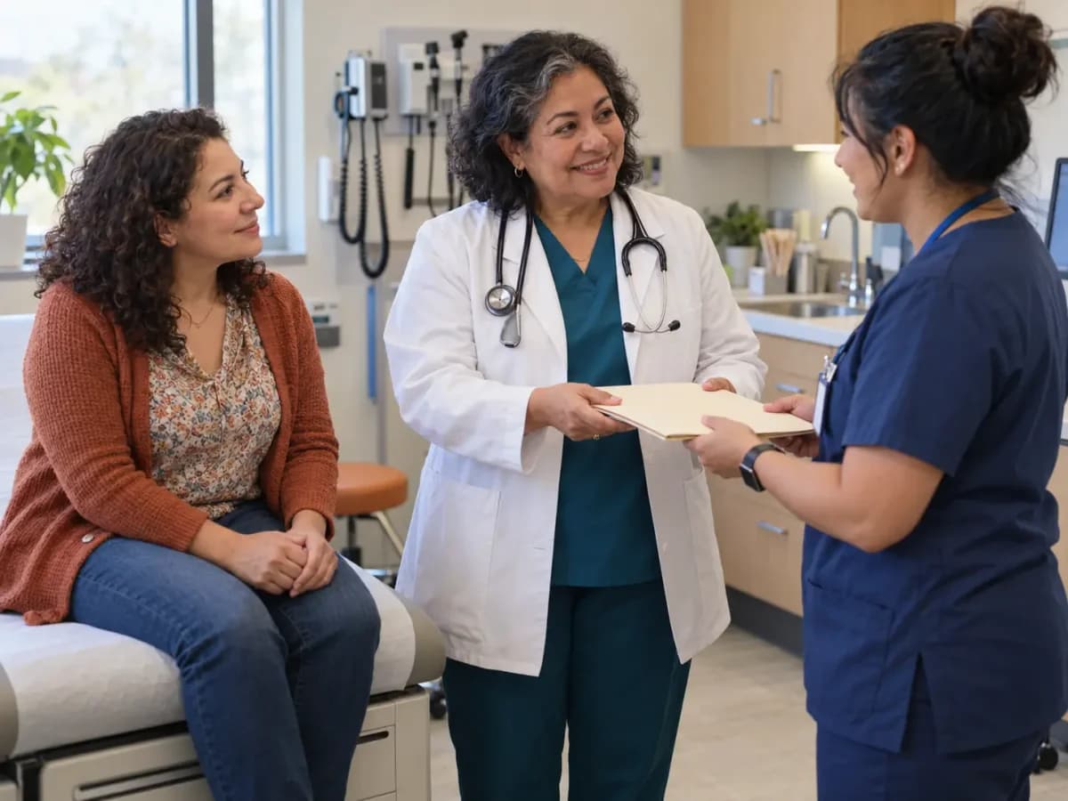 Clinician, patient, and healthcare colleague sharing a warm clinic interaction