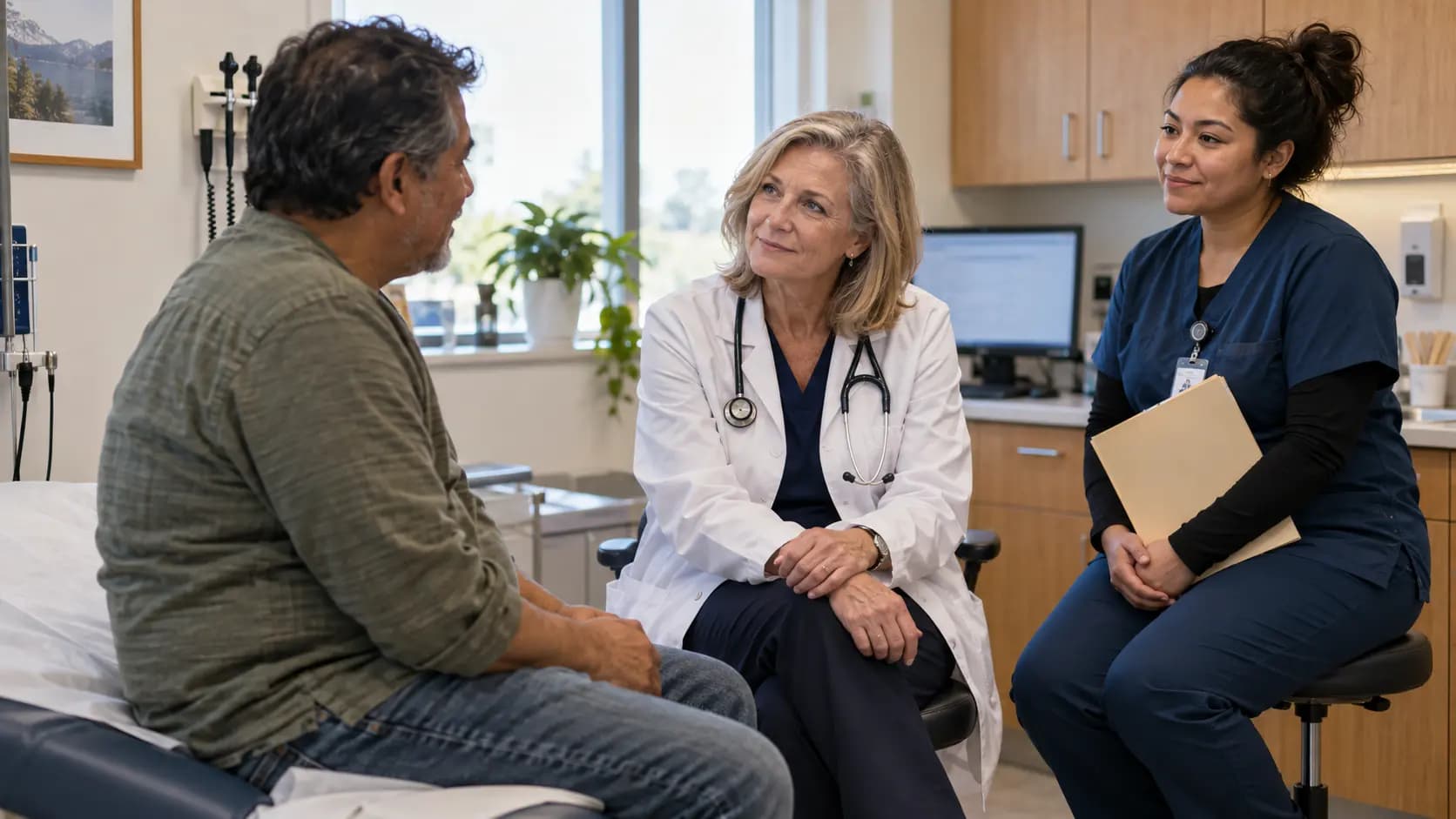 Infectious Disease clinician and patient sharing a warm, attentive moment in a clinic