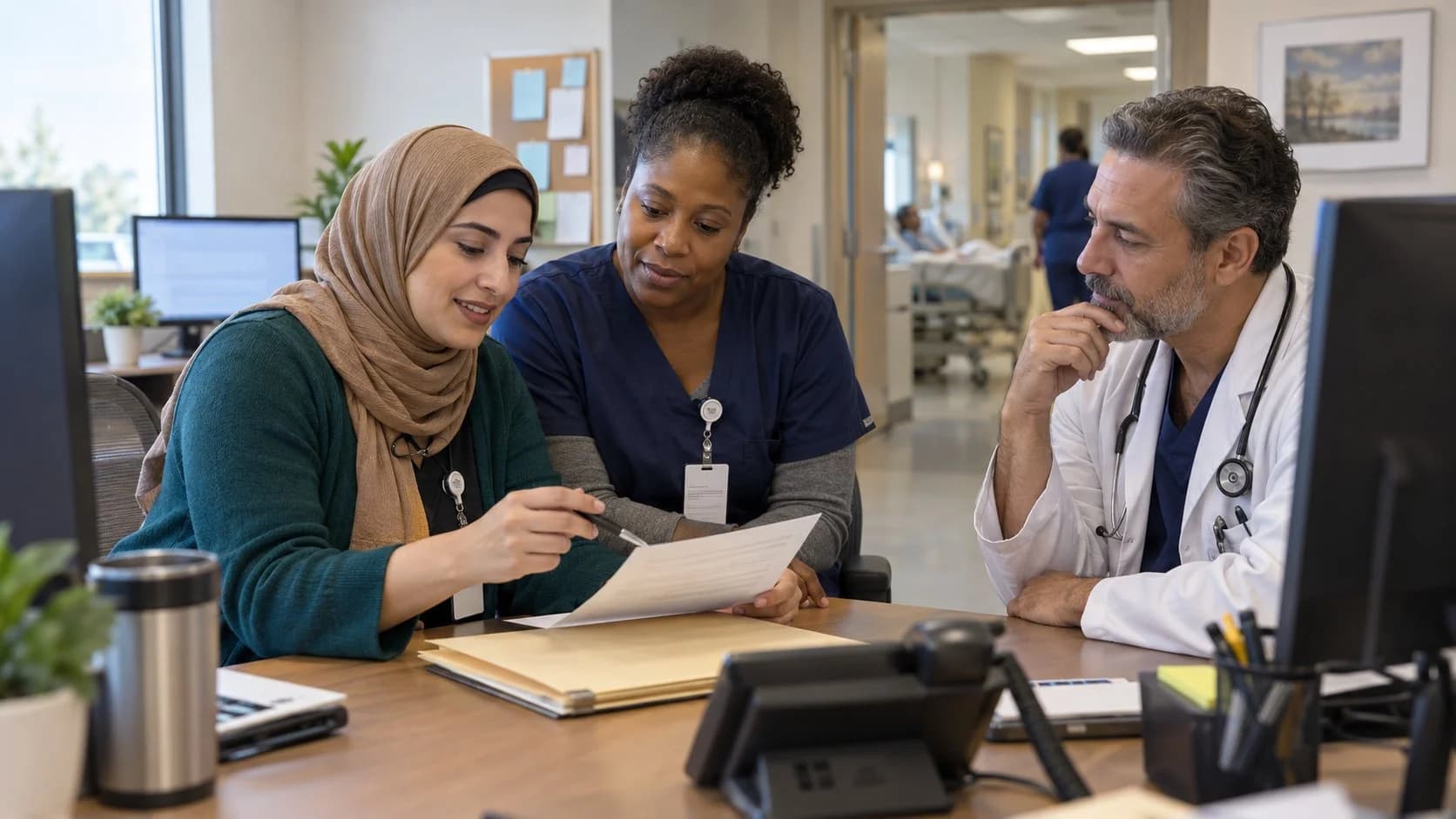 Patient-access coordinator and clinician resolving an authorization issue