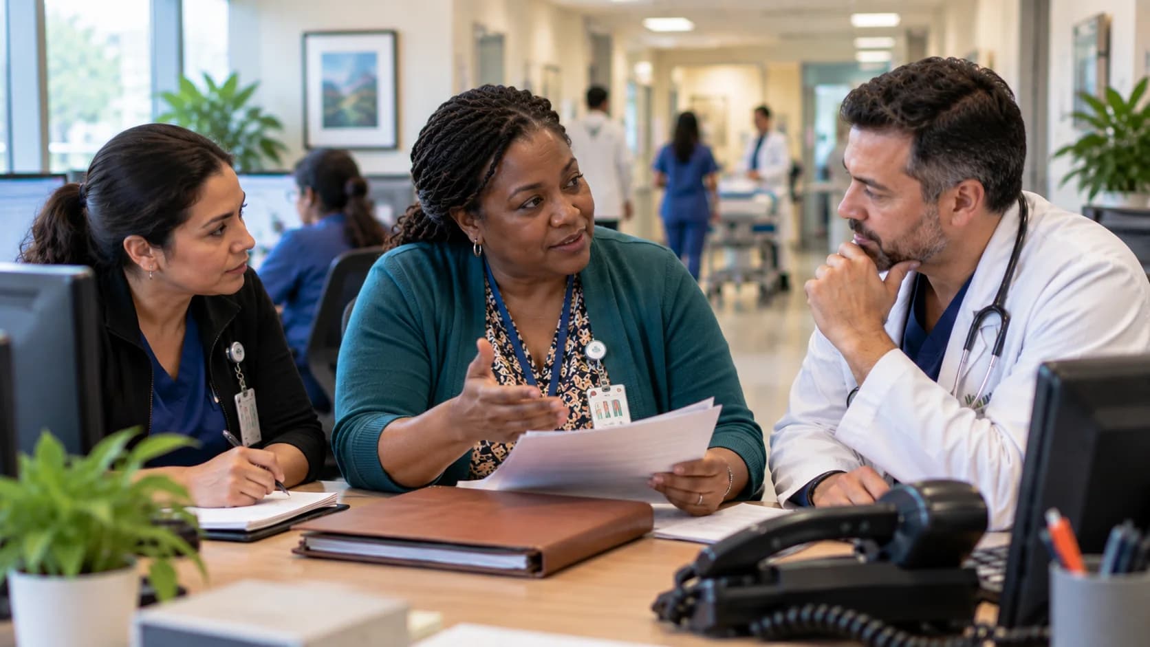 Patient-access coordinator and clinician resolving an authorization issue