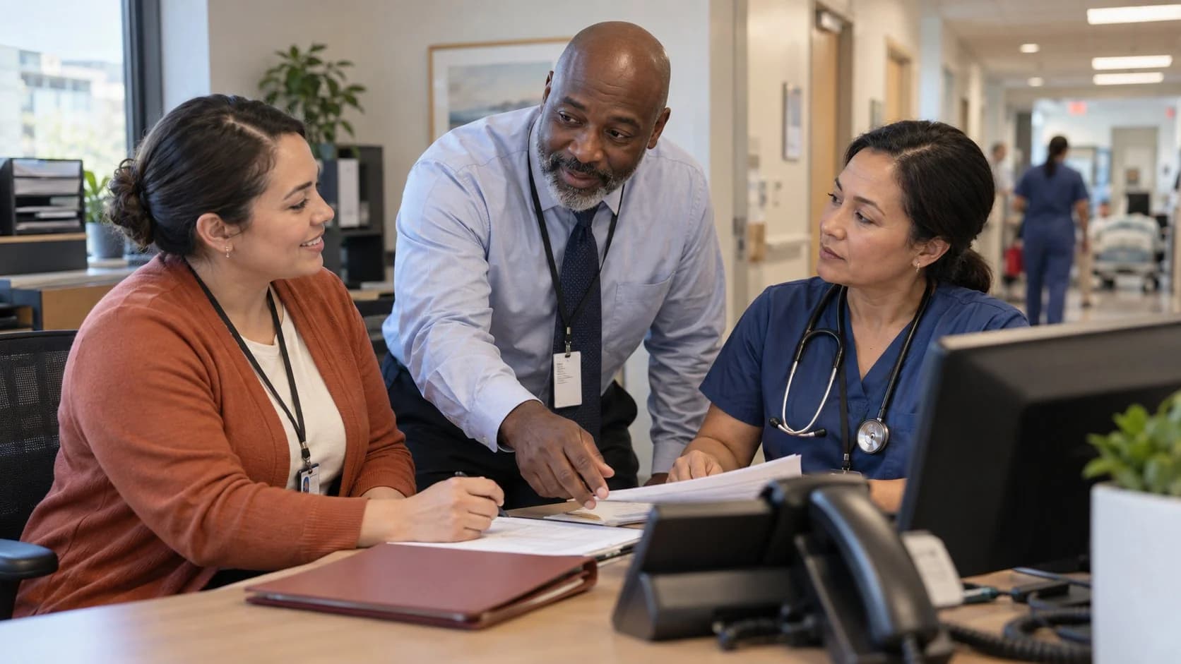 Patient-access coordinator and clinician resolving an authorization issue