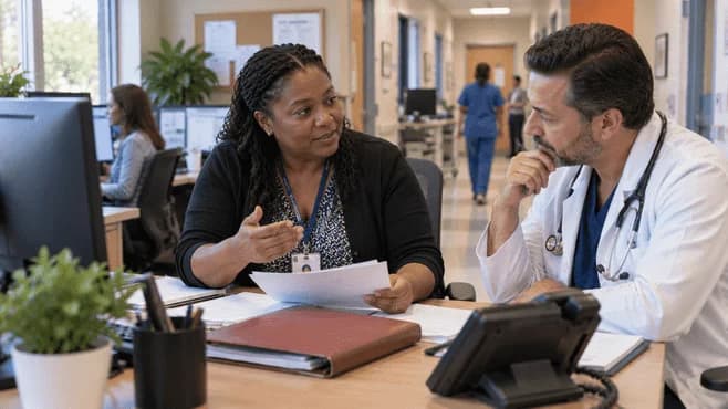 Medical coder and clinician resolving a claim detail together