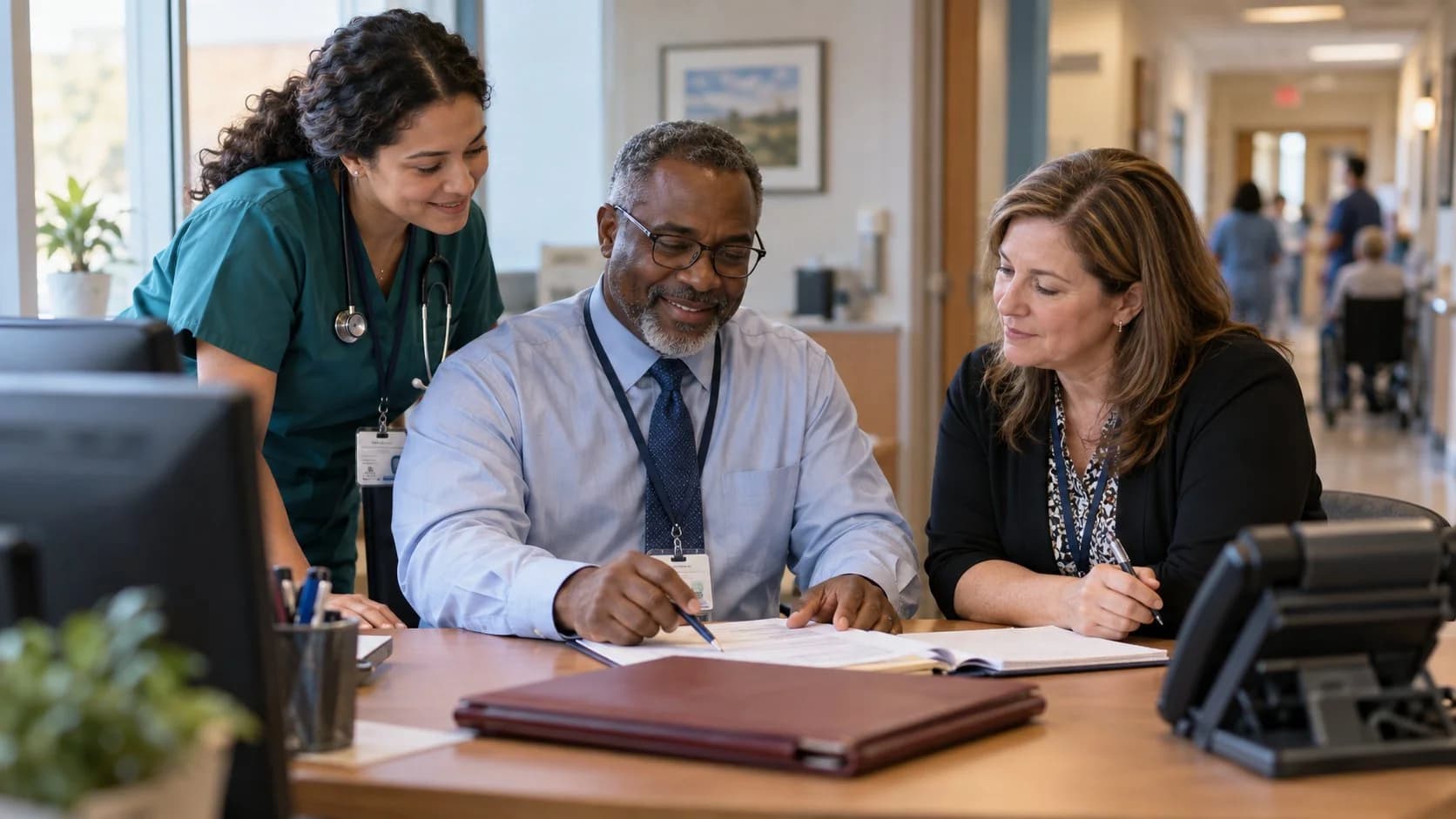 Denial-resolution specialist and clinician reviewing a claim together