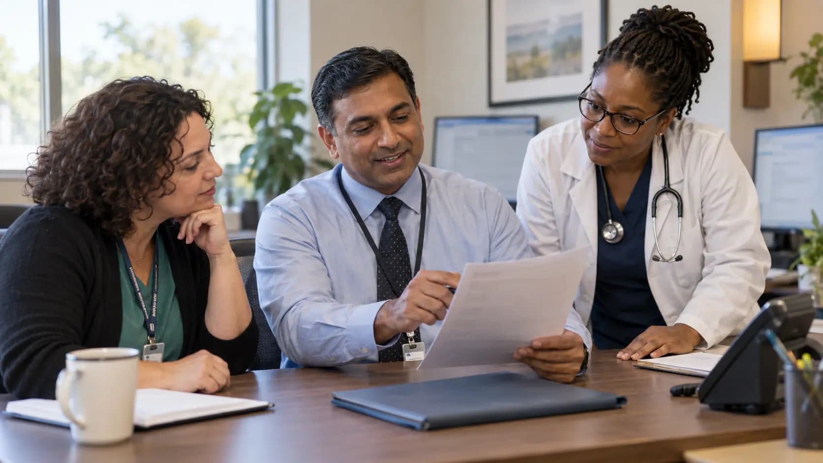 Practice manager and clinician reviewing payer requirements with a specialist