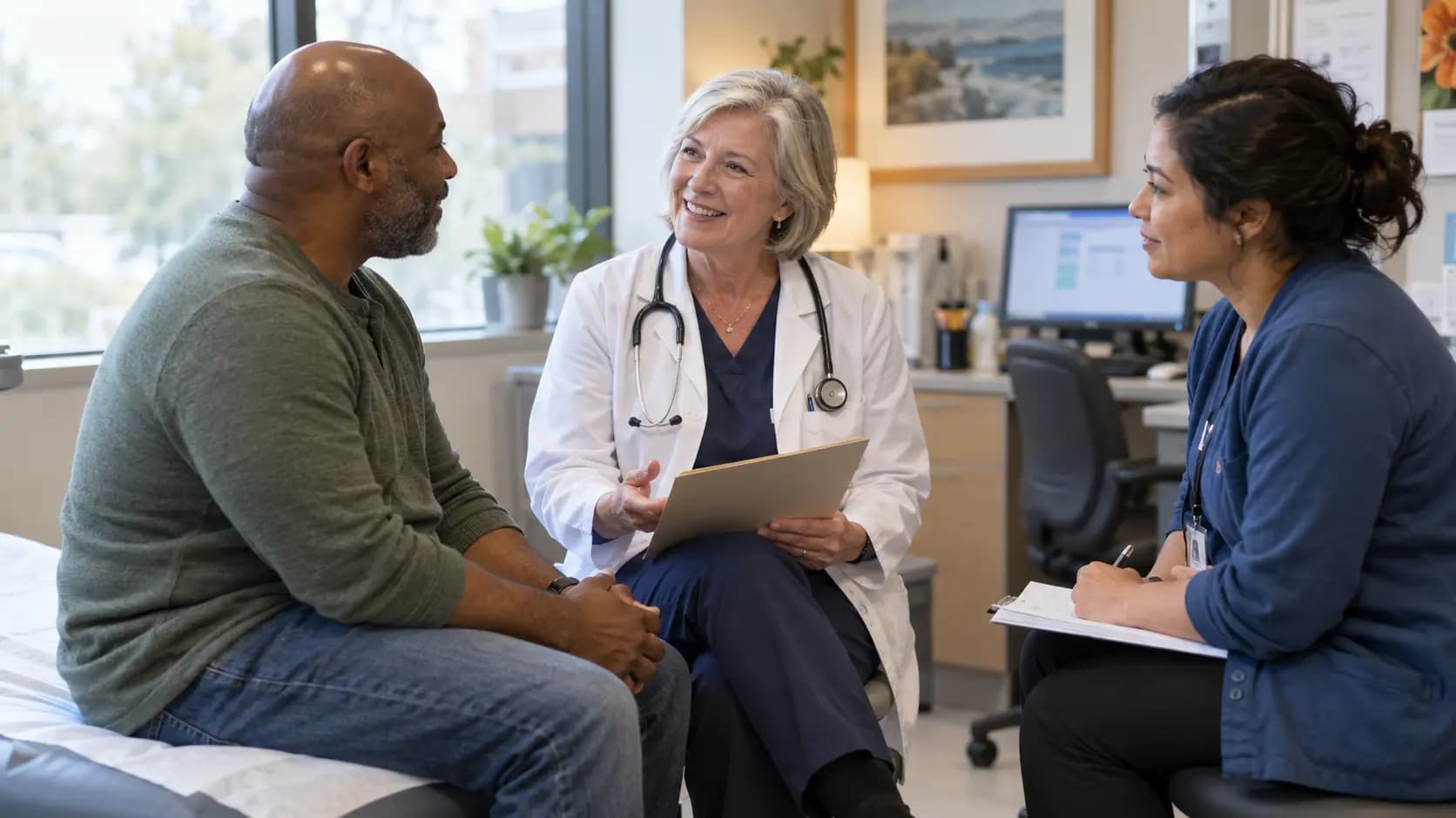 Clinician, patient, and healthcare colleague sharing a warm clinic interaction Clinician, patient, and healthcare colleague sharing a warm clinic interaction