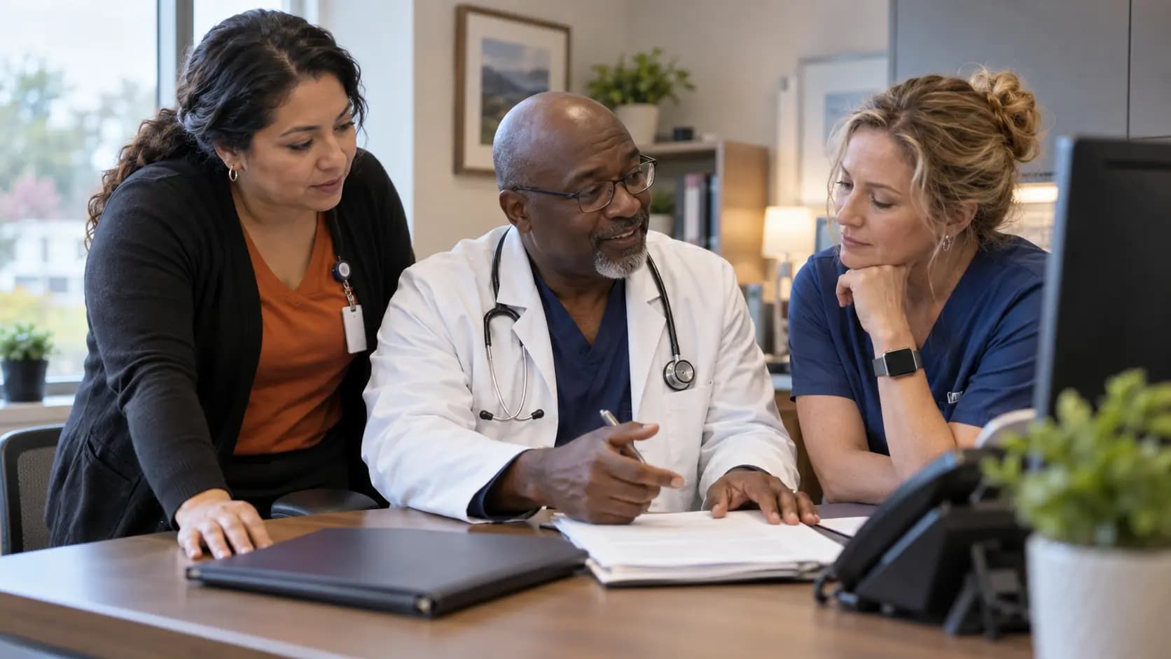 Practice manager and clinician reviewing payer requirements with a specialist