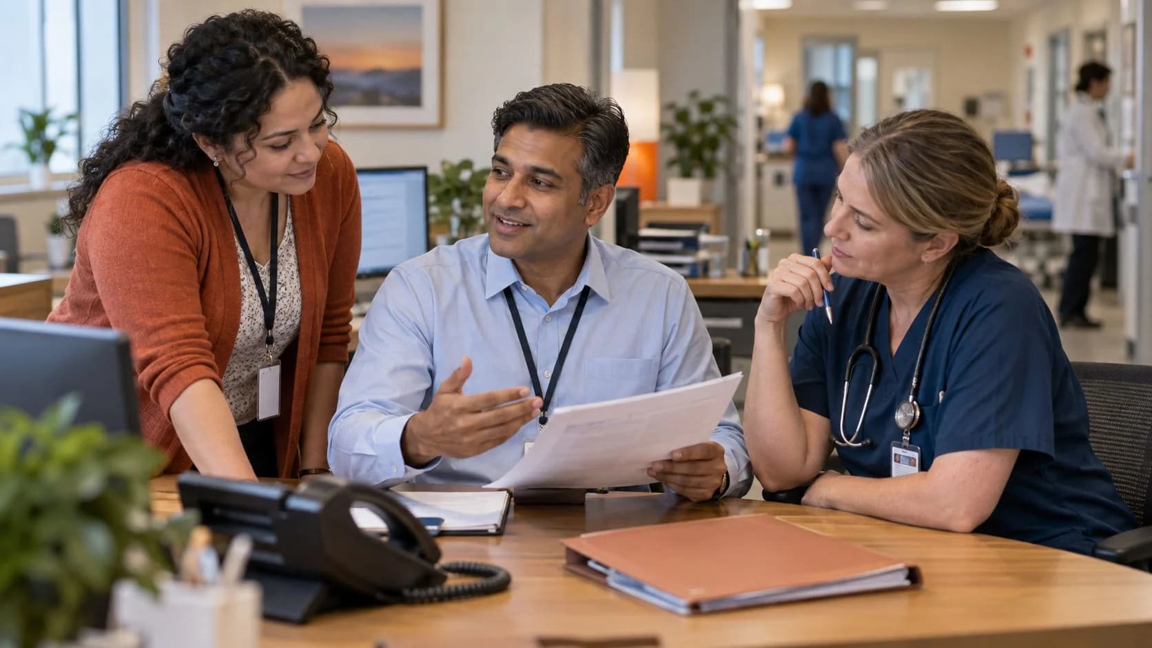Patient-access coordinator and clinician resolving an authorization issue
