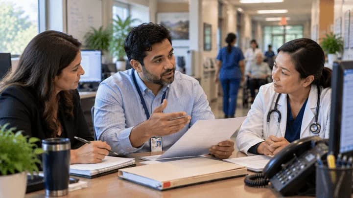 Denial-resolution specialist and clinician reviewing a claim together