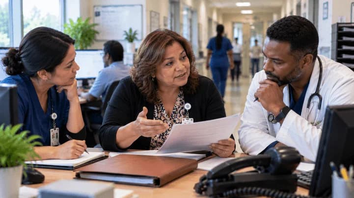 Denial-resolution specialist and clinician reviewing a claim together