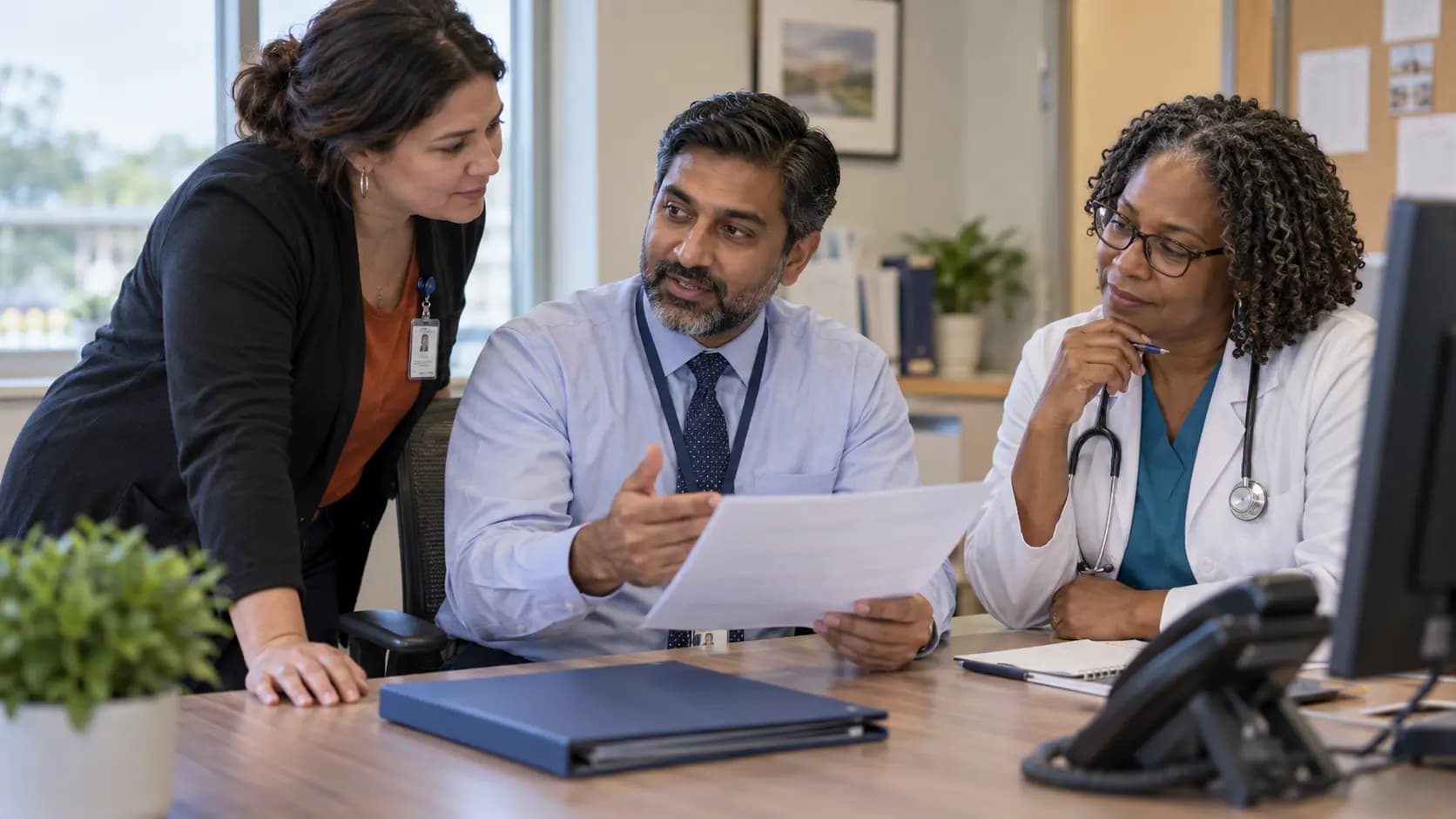 Practice manager and clinician reviewing payer requirements with a specialist