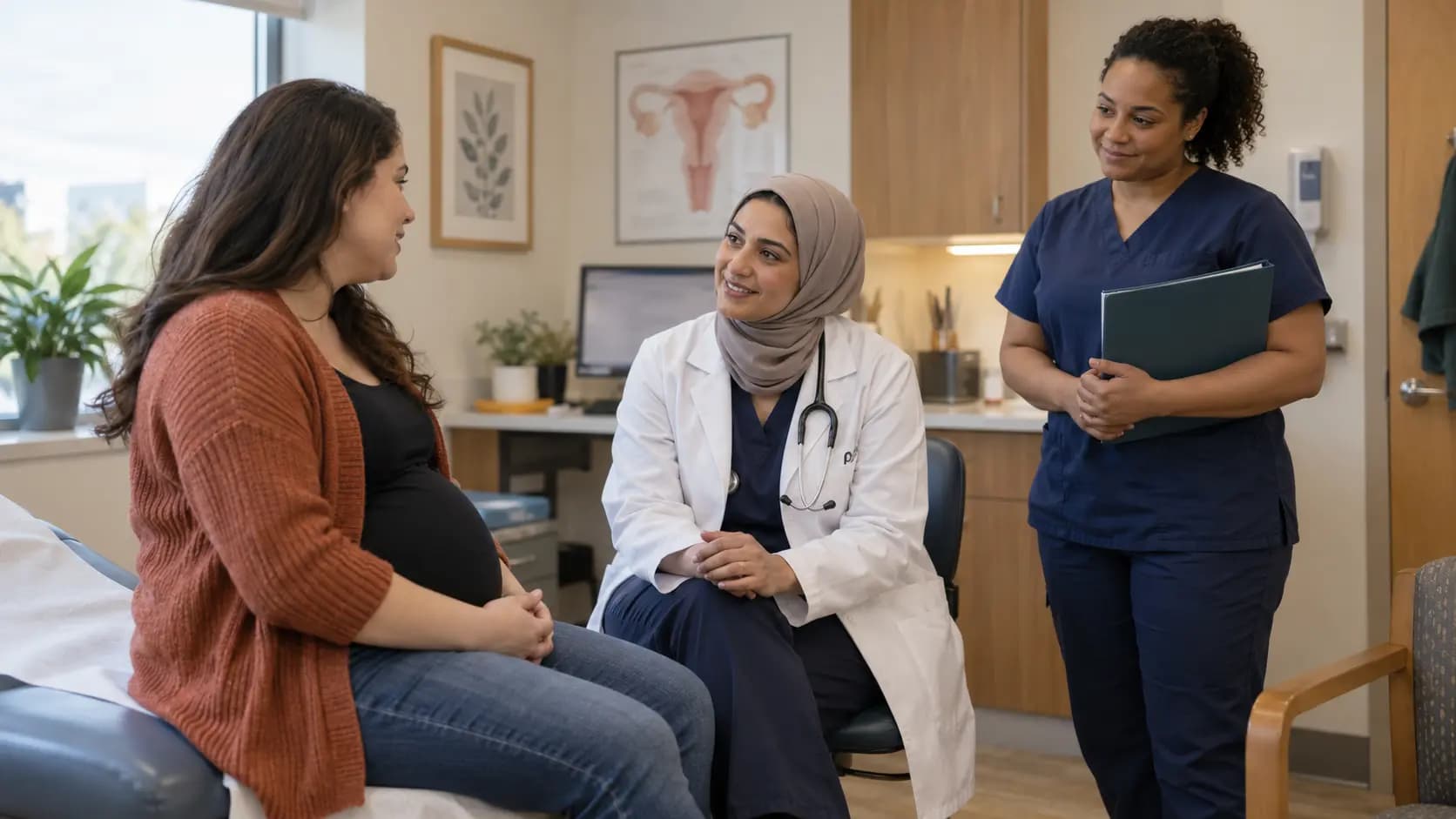 Ob Gyn clinician and patient sharing a warm, attentive moment in a clinic