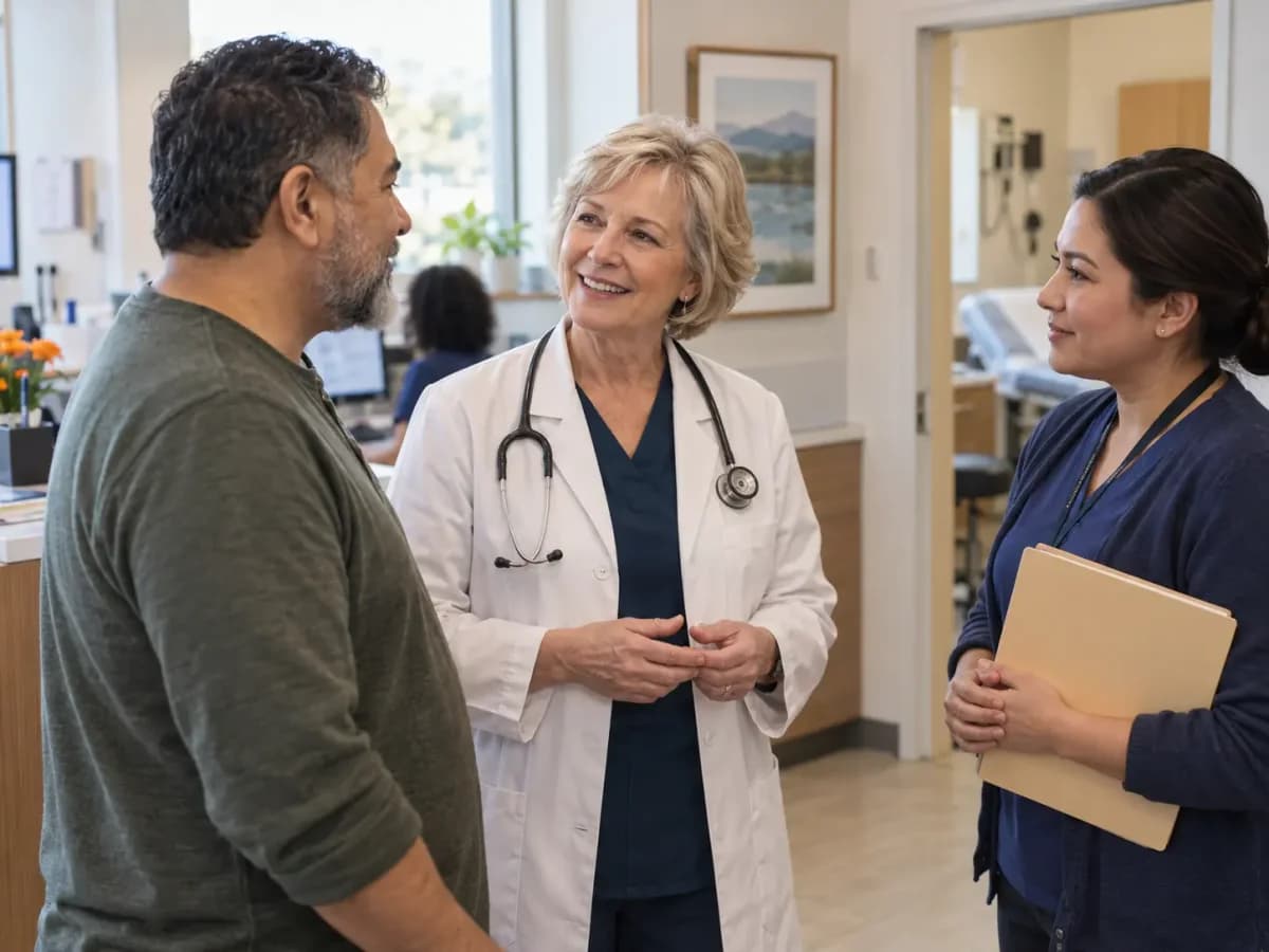 Clinician, patient, and healthcare colleague sharing a warm clinic interaction
