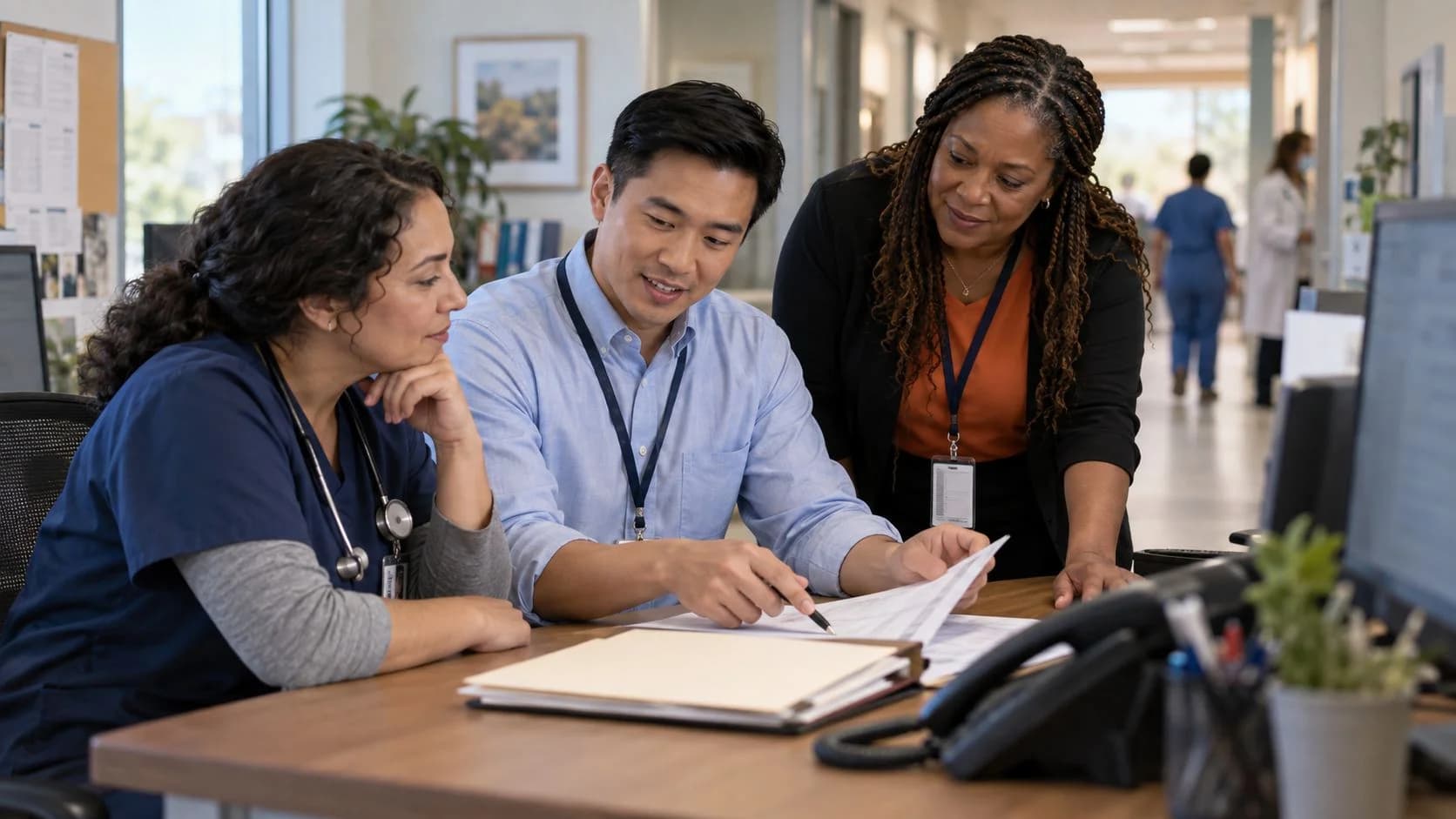 Denial-resolution specialist and clinician reviewing a claim together