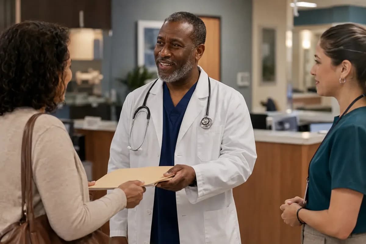 Clinician, patient, and healthcare colleague sharing a warm clinic interaction
