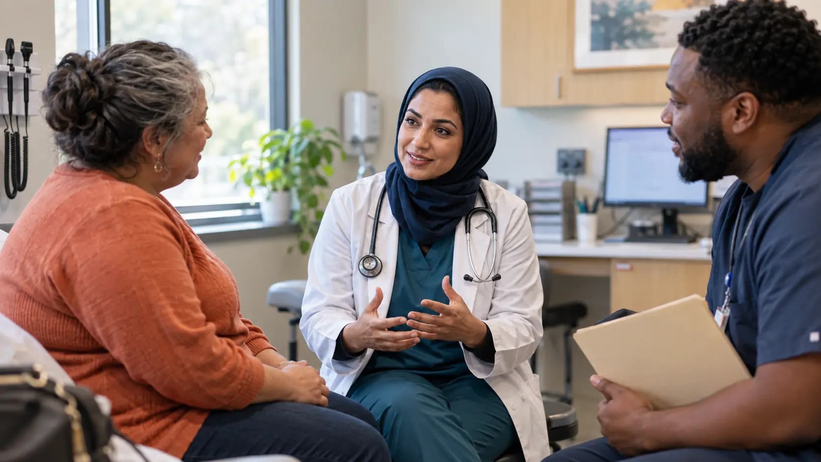 Clinician, patient, and healthcare colleague sharing a warm clinic interaction Clinician, patient, and healthcare colleague sharing a warm clinic interaction