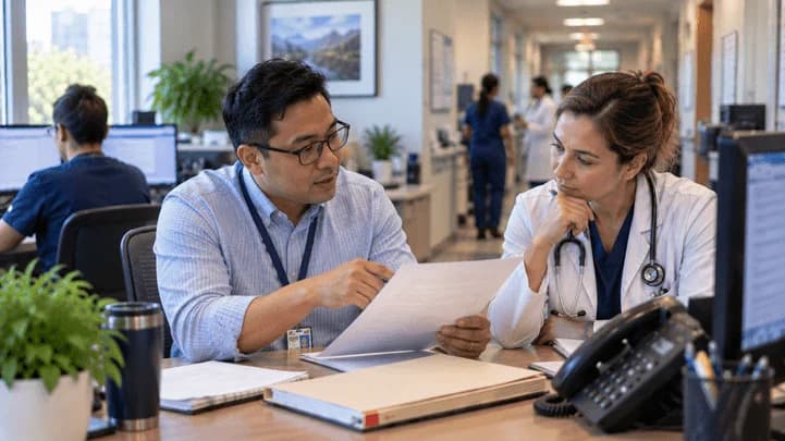 Medical coder and clinician resolving a claim detail together