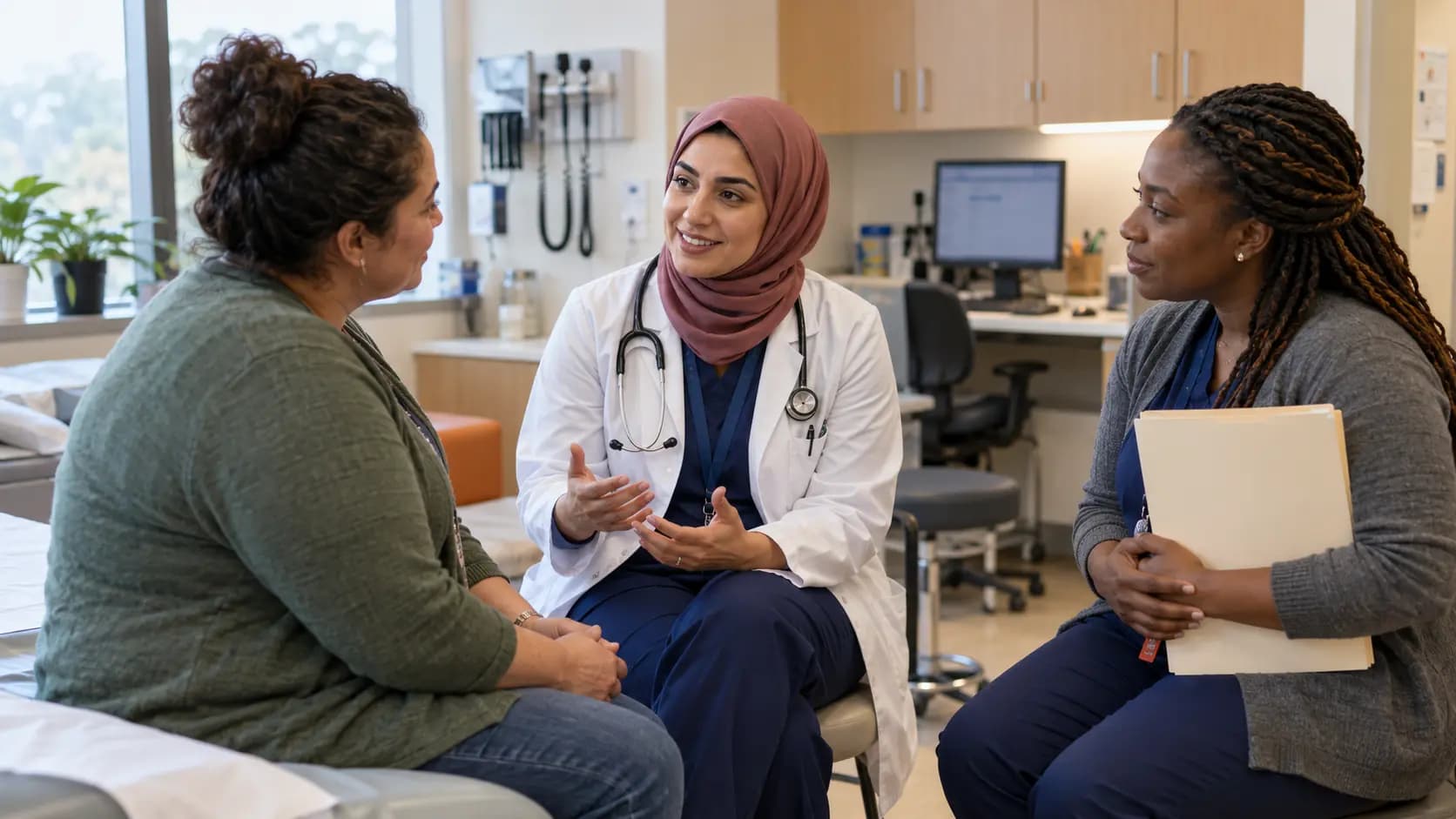 Clinician, patient, and healthcare colleague sharing a warm clinic interaction Clinician, patient, and healthcare colleague sharing a warm clinic interaction