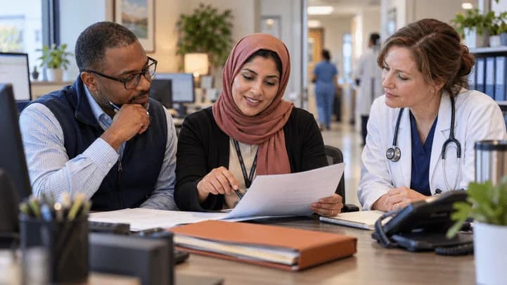 Denial-resolution specialist and clinician reviewing a claim together