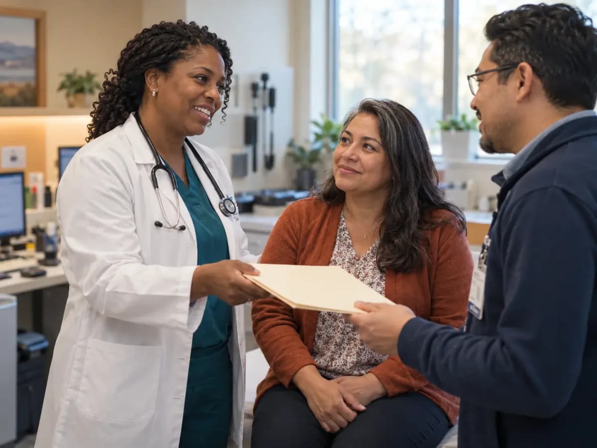 Clinician, patient, and healthcare colleague sharing a warm clinic interaction