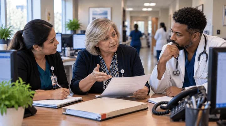 Patient-access coordinator and clinician resolving an authorization issue