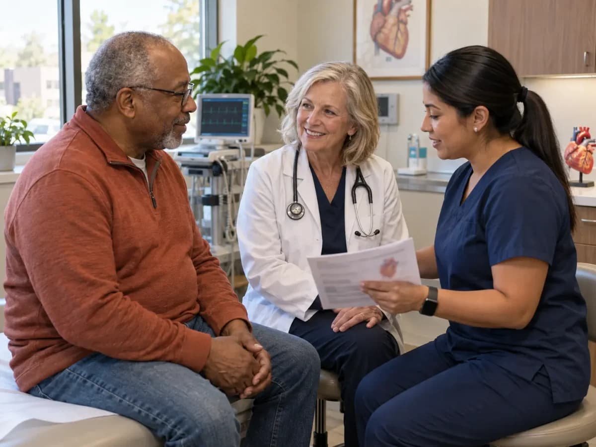 Cardiology clinician and patient sharing a warm, attentive moment in a clinic