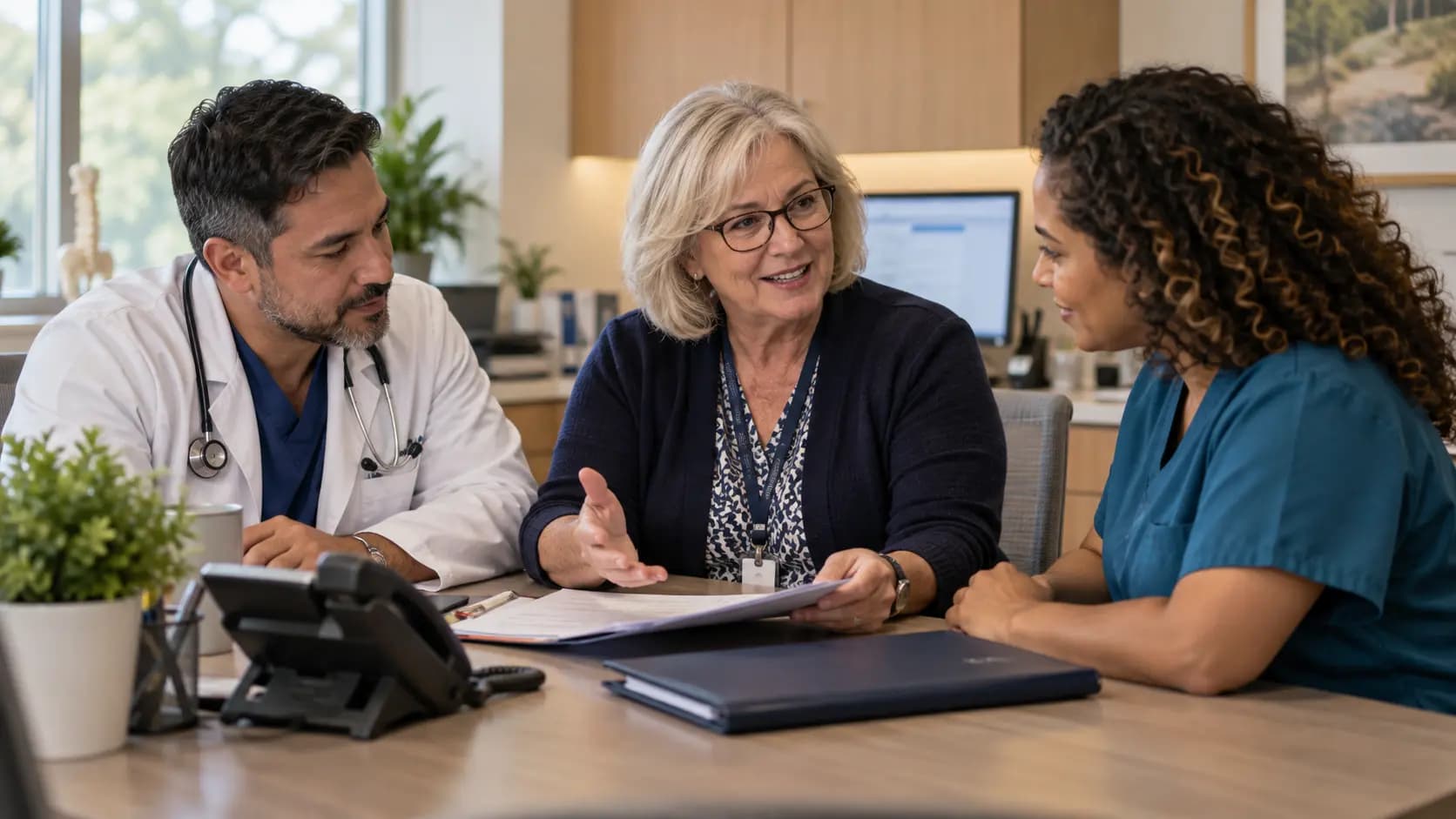 Practice manager and clinician reviewing payer requirements with a specialist