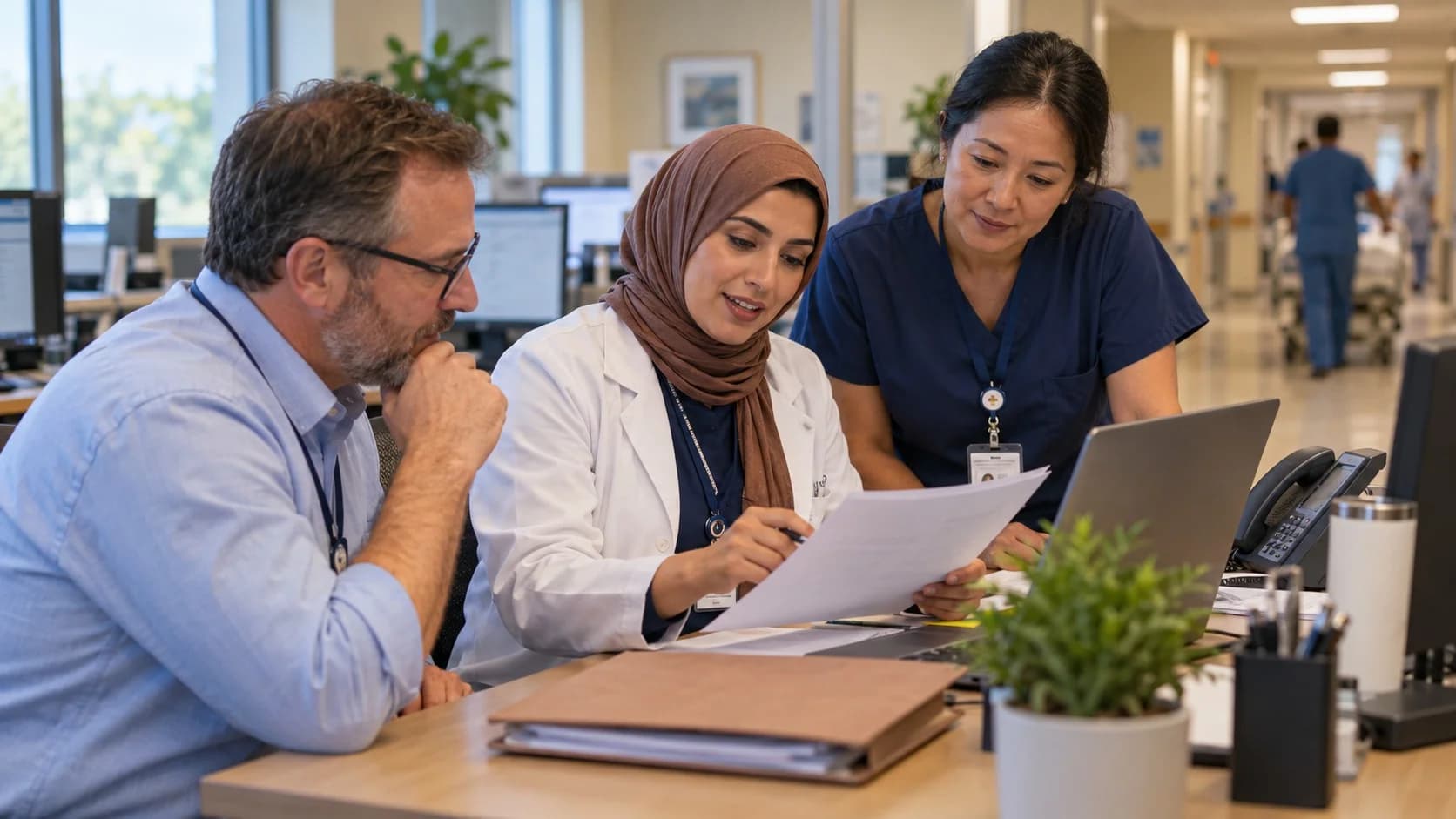 Physician advisor and utilization nurse reviewing documentation together