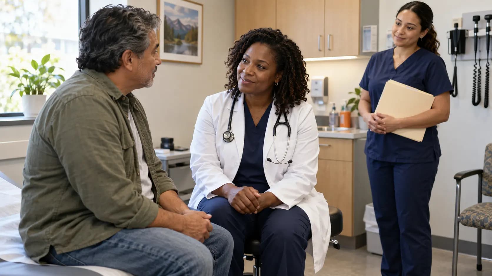 Internal Medicine clinician and patient sharing a warm, attentive moment in a clinic