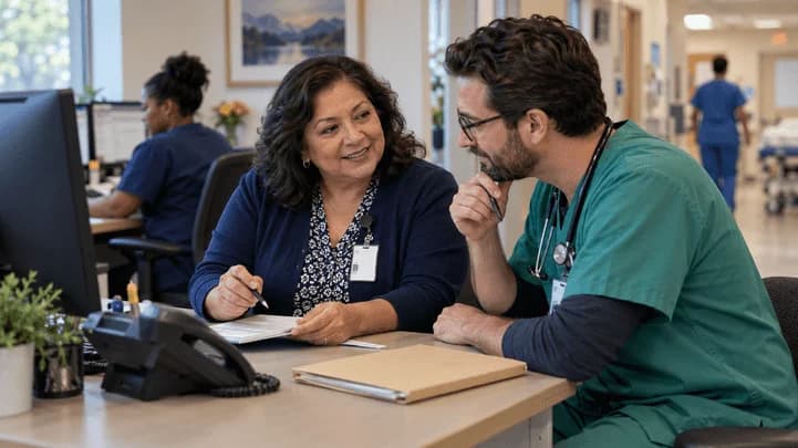 Medical coder and clinician resolving a claim detail together